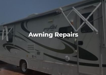 An RV with broken arms and white text in front of the image saying 