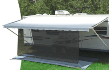 An RV with a non-zippered sunblocker on a white patio awning