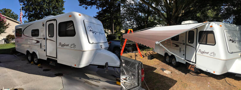 A before and after picture of a trailer getting a complete awning installation