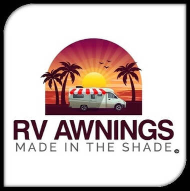 RV Awnings' logo with RV and awning extended under the sun, next to palm trees with 